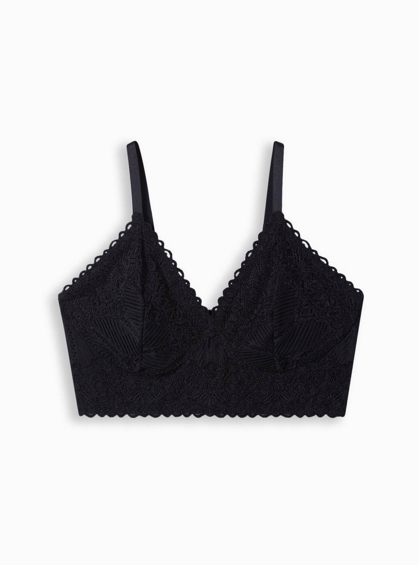 Plus Size Lightly Lined Chenille Lace Plunge Bralette, RICH BLACK, hi-res