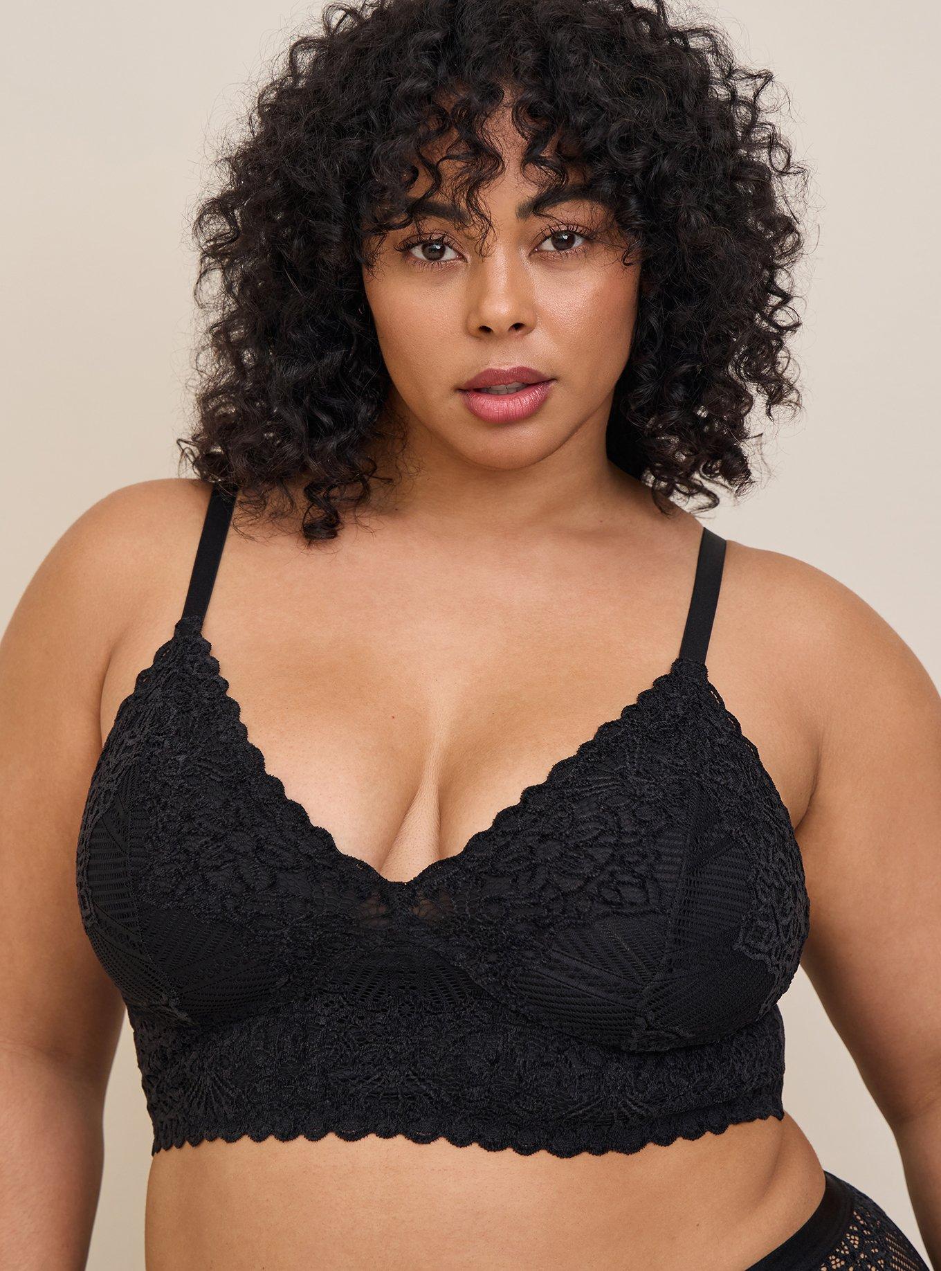 Plus Size Lightly Lined Chenille Lace Plunge Bralette, RICH BLACK, hi-res