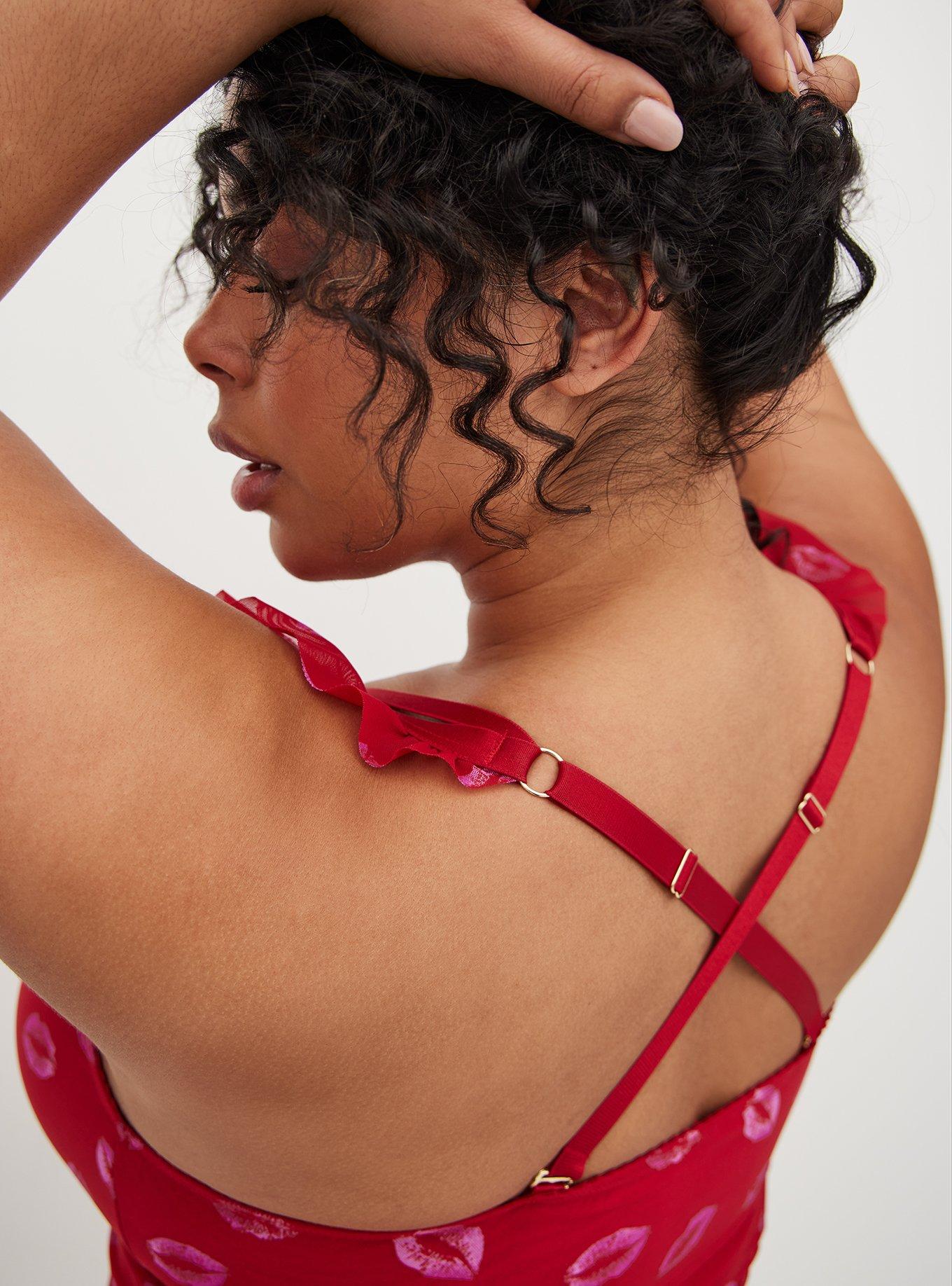 Plus Size Ruched Mesh Ruffle Chemise, HOLIDAY LIPS, alternate