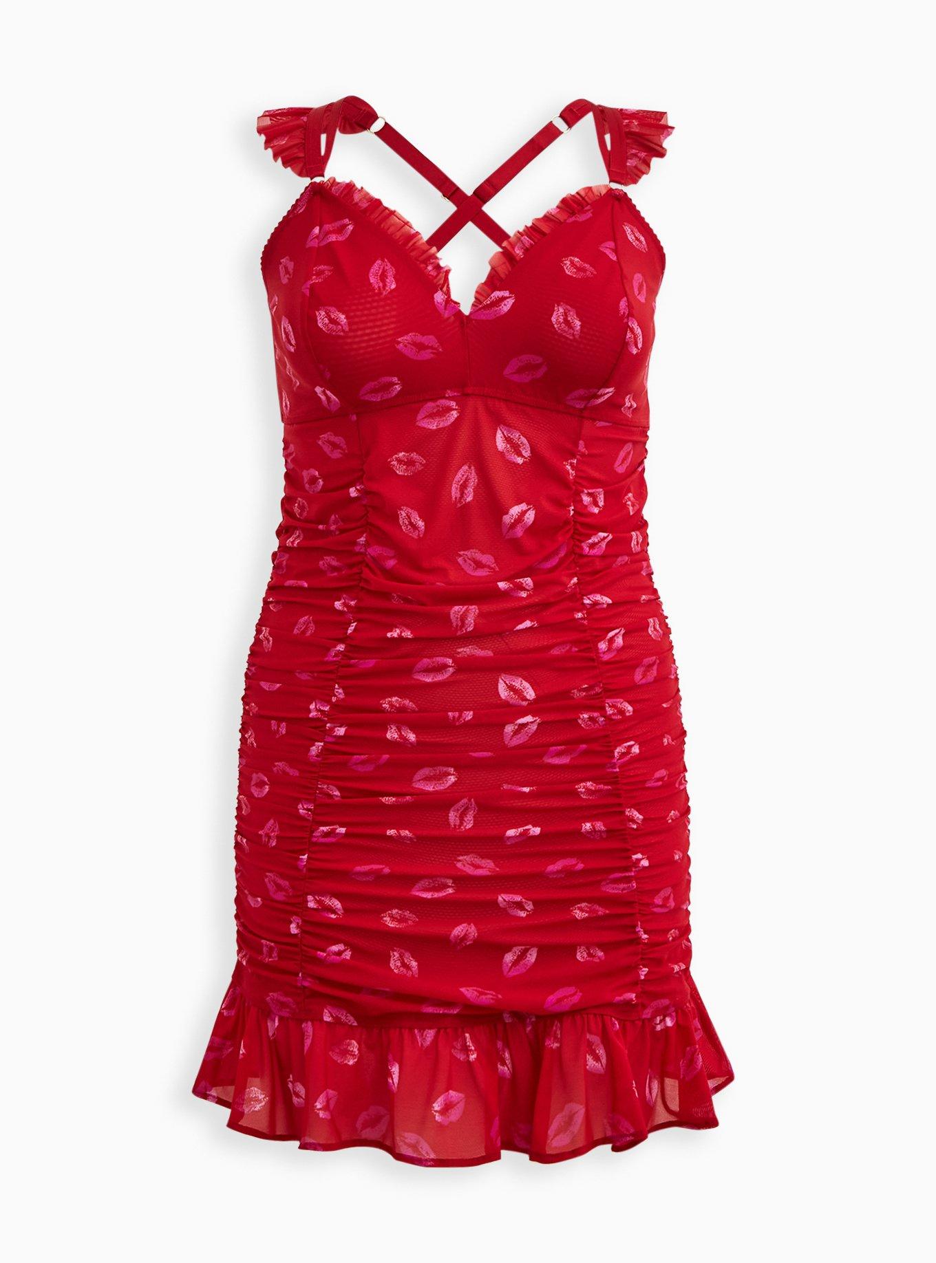 Plus Size Ruched Mesh Ruffle Chemise, HOLIDAY LIPS, hi-res