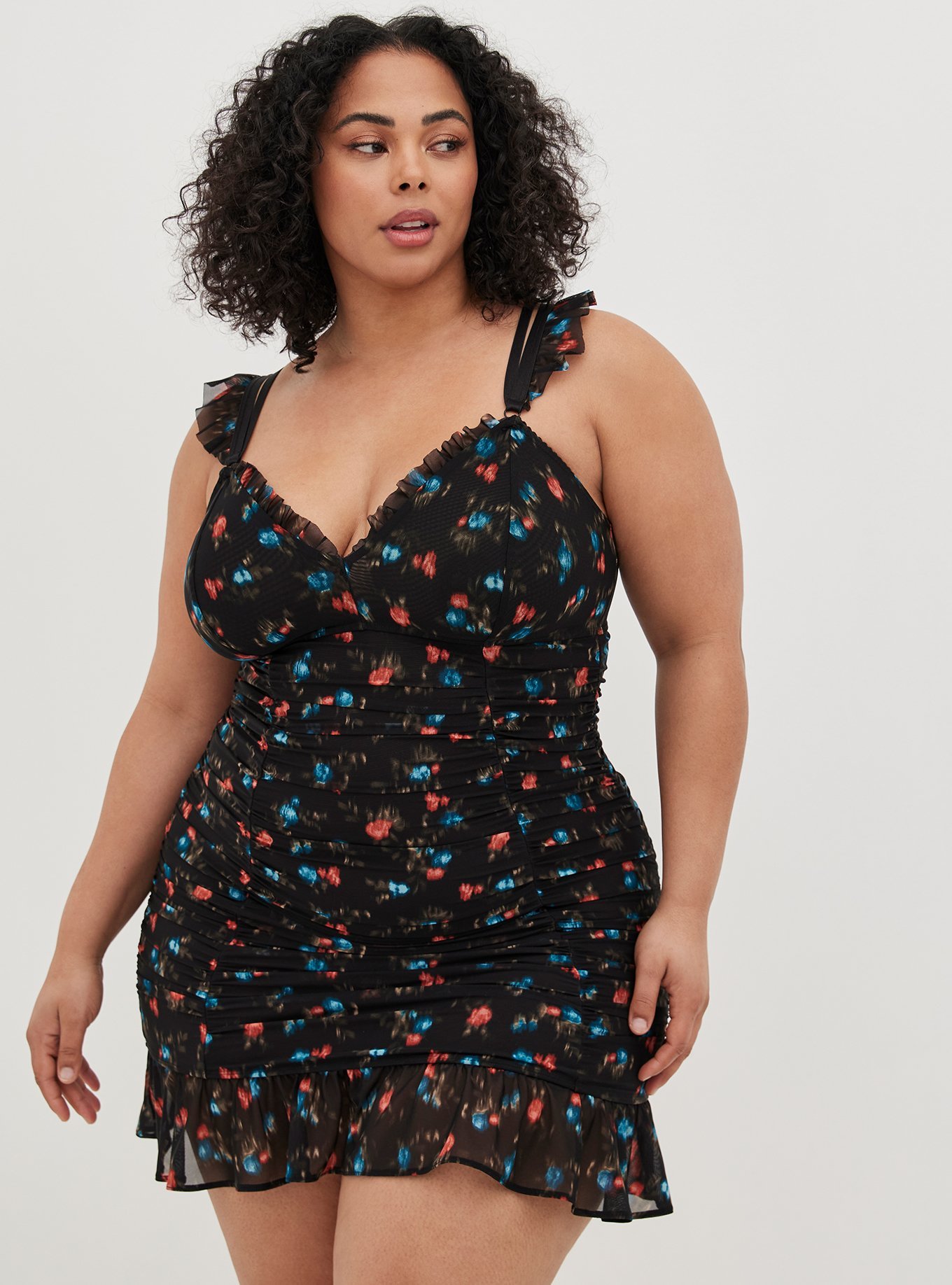 Plus Size - Ruched Mesh Ruffle Chemise - Torrid