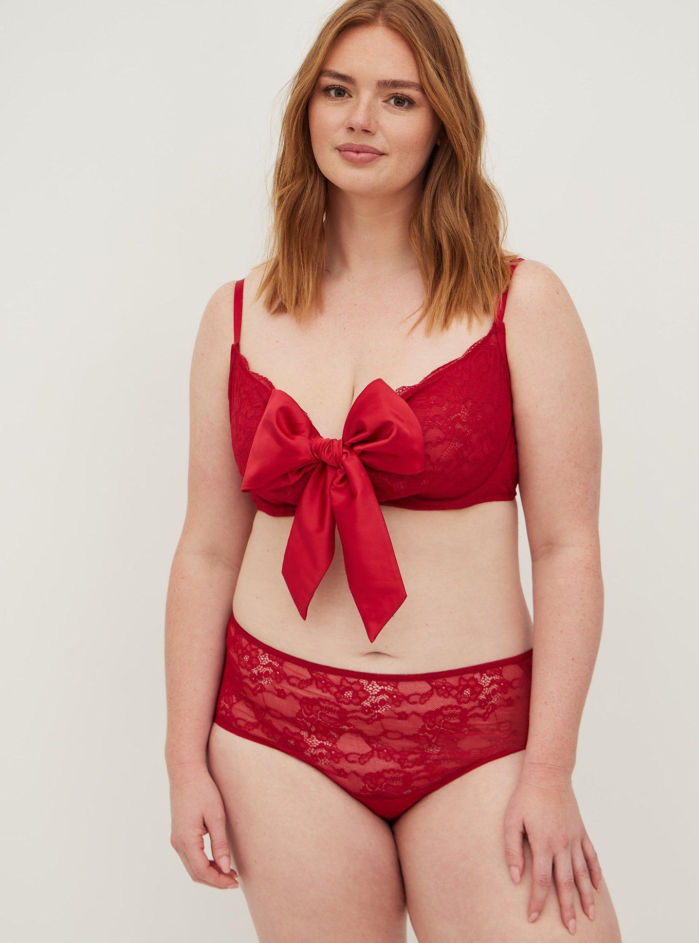 Plus Size Unlined Underwire Longline Bra Satin Lace Bow Red