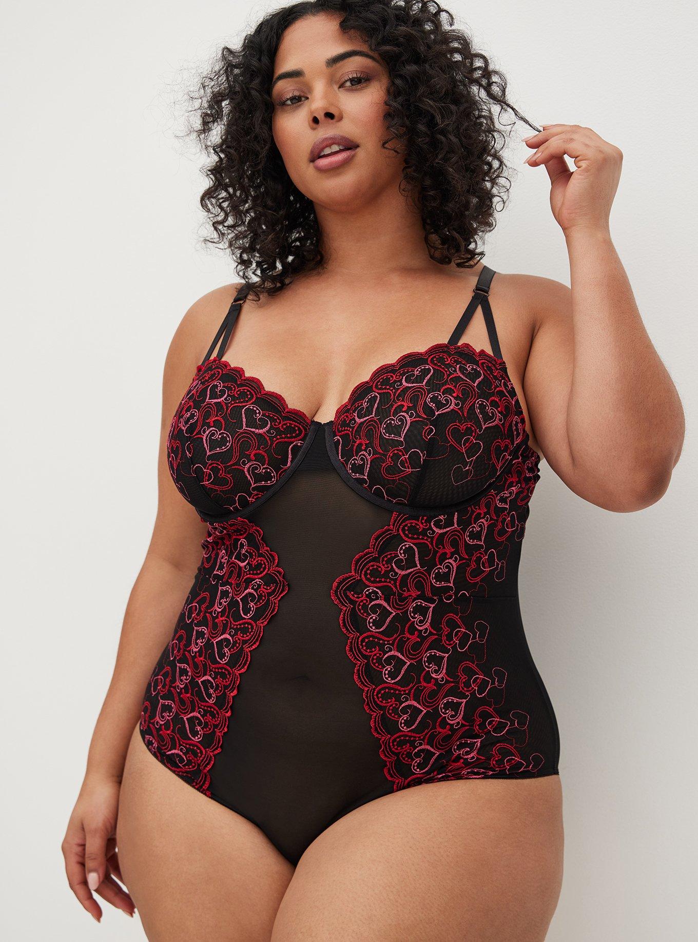 Plus Size Underwire Bodysuit Embroidered Hearts Black Torrid