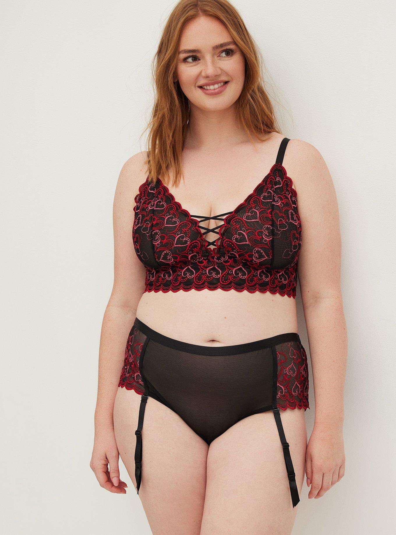 Plus Size Bralette - Embroidered Hearts Black, MULTI COLOR, alternate