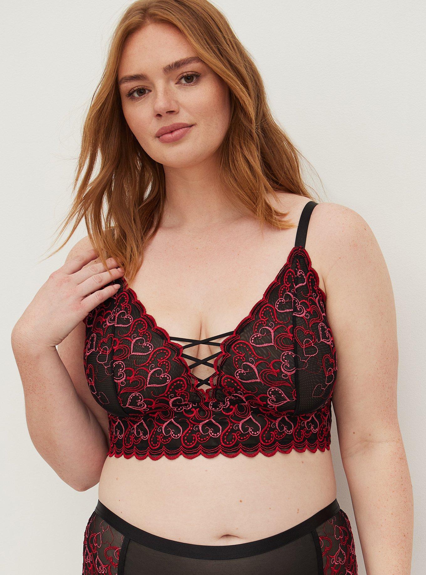 Plus Size Bralette - Embroidered Hearts Black, , hi-res