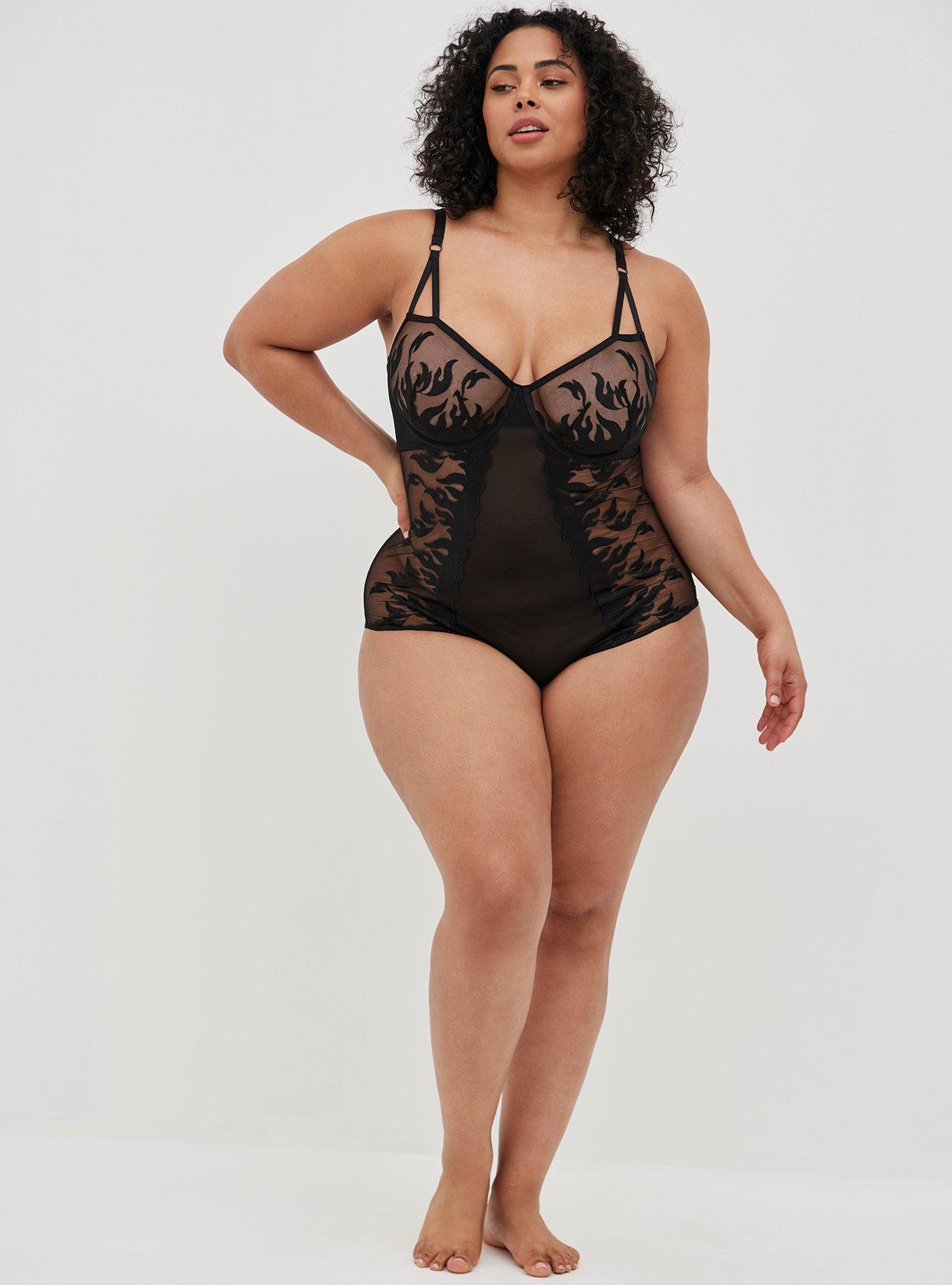 Plus Size - Unlined Underwire Bodysuit - Embroidered Flames Black