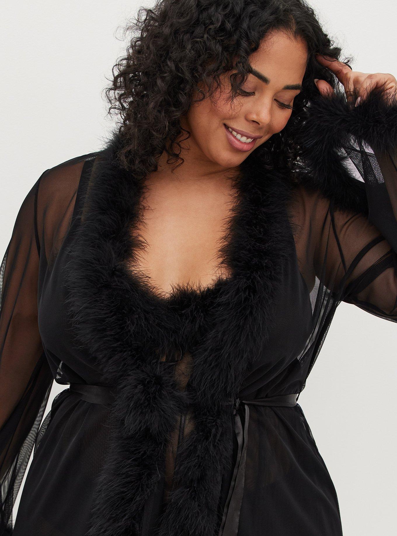 Plus Size - Marabou Trim Midi Robe - Mesh Black - Torrid