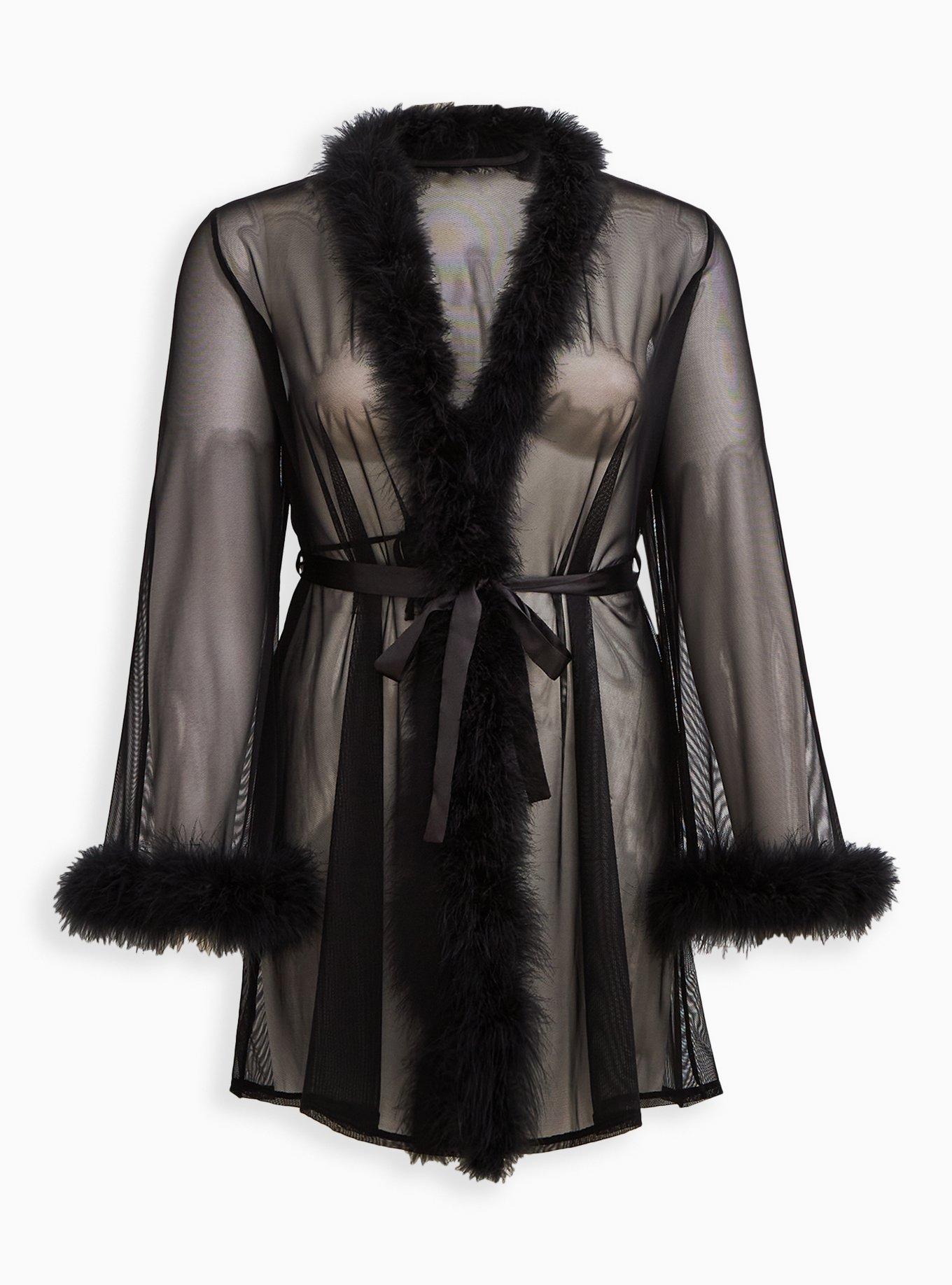 Plus Size - Marabou Trim Midi Robe - Mesh Black - Torrid