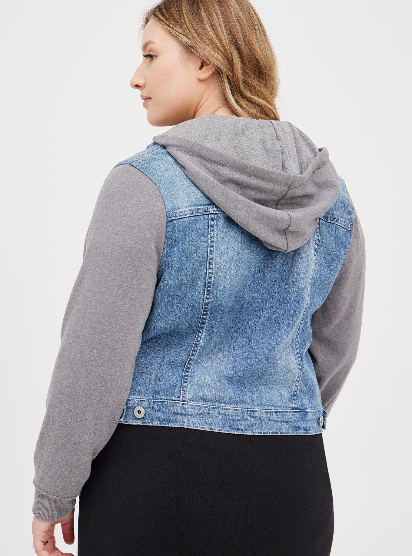 Plus Size Trucker Jacket with Fleece Sleeves Medium Wash Denim Torrid