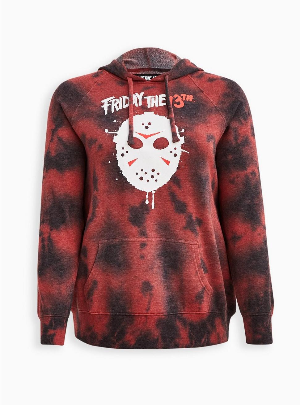 Plus Size Hoodie - Cozy Fleece Friday The 13th Red & Black Tie Dye, RED, hi-res