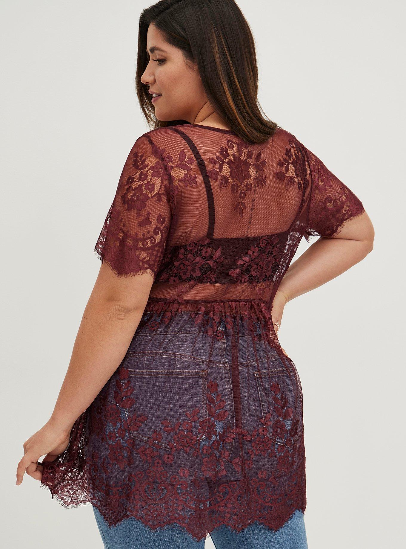 Plus Size - Babydoll Sheer Lace Short Sleeve Top - Torrid
