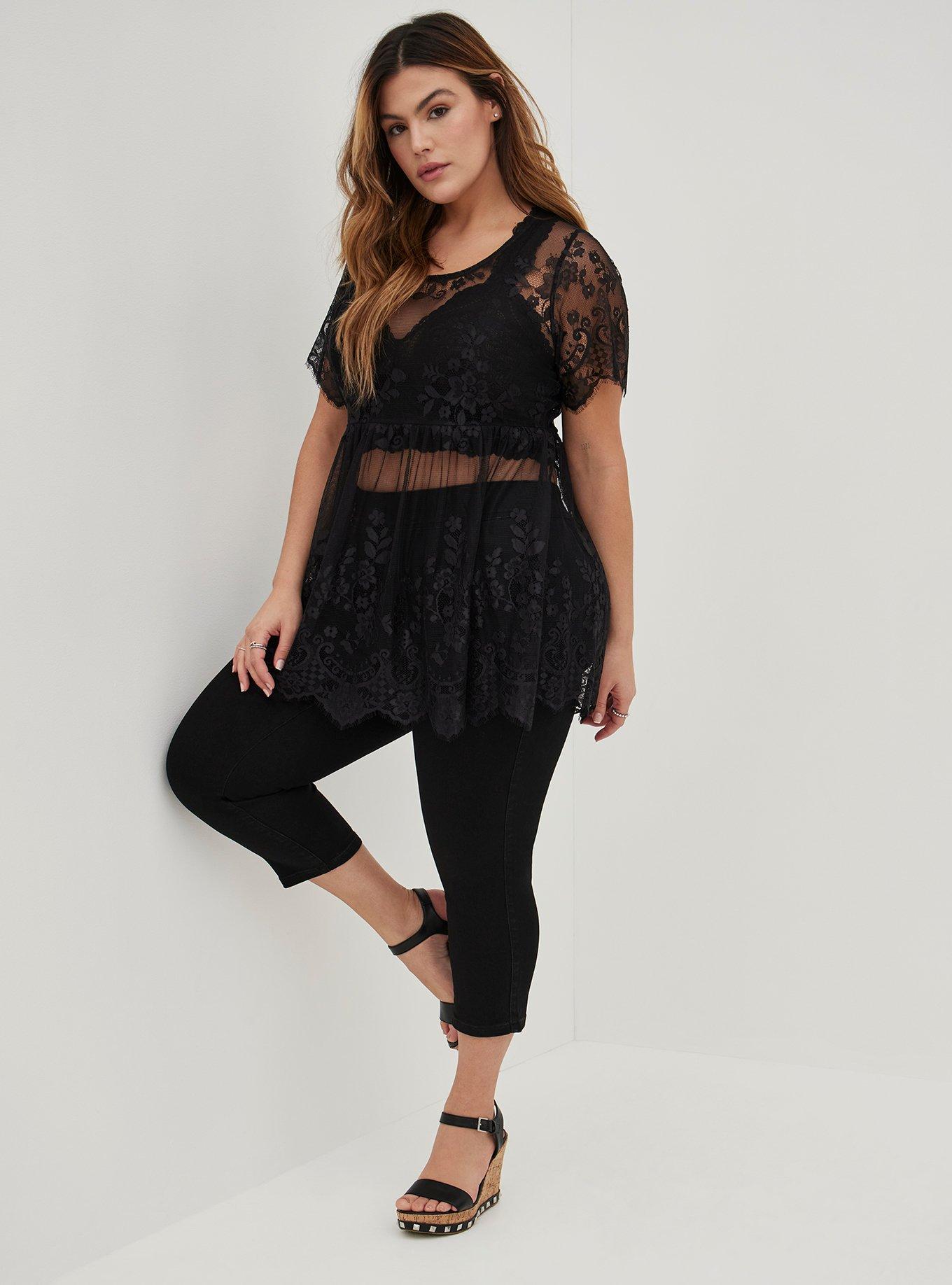 Torrid black blouse with key hole front and back and black lace sleeves!