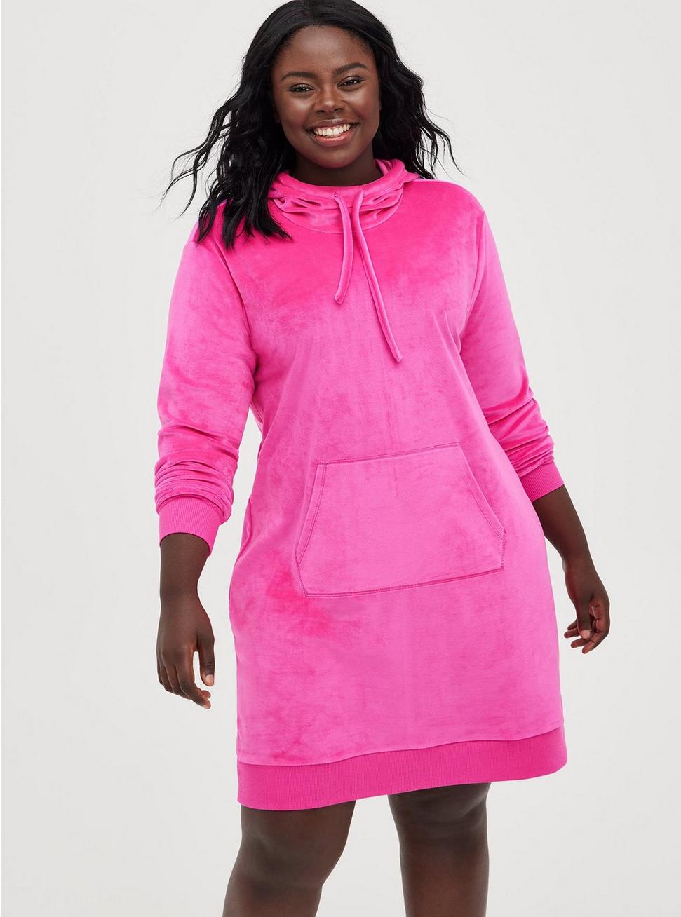 Plus - Hooded Sweatshirt Dress - Velour Pink Torrid