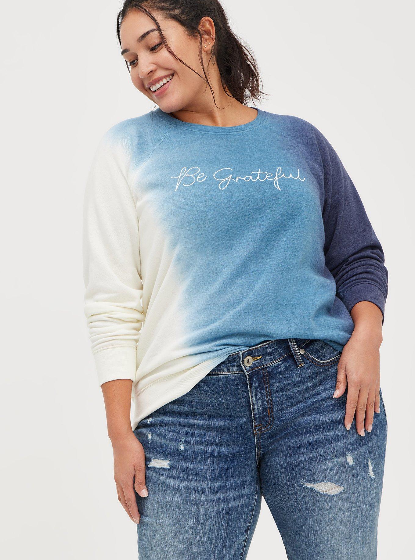 Plus Size Sweatshirt - Cozy Fleece Be Grateful Tie Dye Navy, TIE DYE BLUE, hi-res