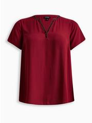 Georgette Embellished Neck Hi-Low Short Sleeve Blouse, BIKING RED, hi-res