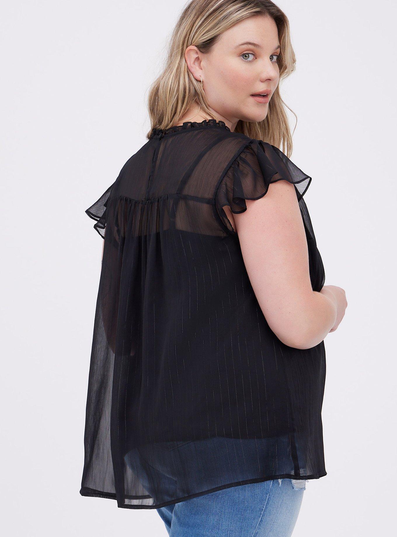 Crinkle Chiffon Flutter Sleeve Blouse, DEEP BLACK, alternate