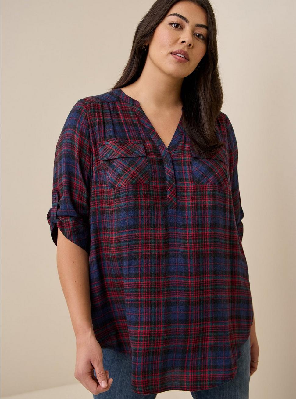 Plus Size Harper Brushed Rayon Pullover 3/4 Sleeve Tunic Blouse, PLAID NAVY, hi-res