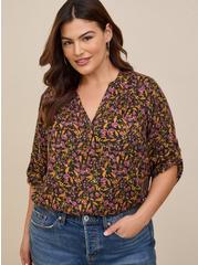 Plus Size Harper Brushed Rayon Pullover 3/4 Sleeve Tunic Blouse, FLORAL BLACK, alternate