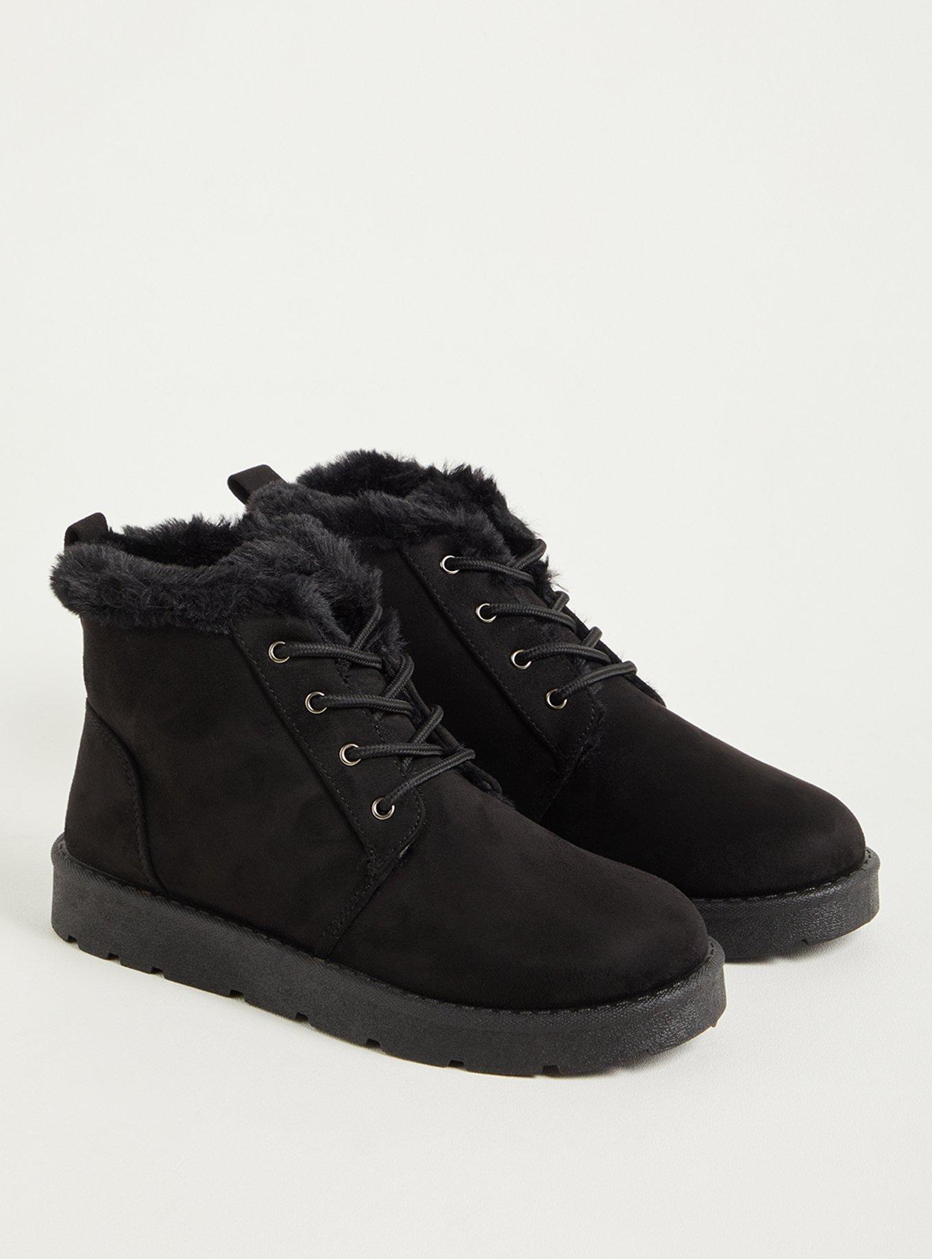 Lace-Up Fur-Lined Bootie - Faux Suede Black (WW), BLACK, hi-res