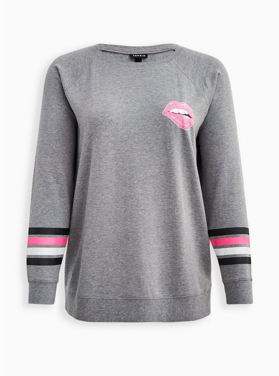 Relaxed Fit Raglan Sweatshirt - Ultra Soft Fleece Pink Lips Heather Grey, MEDIUM HEATHER GREY, hi-res