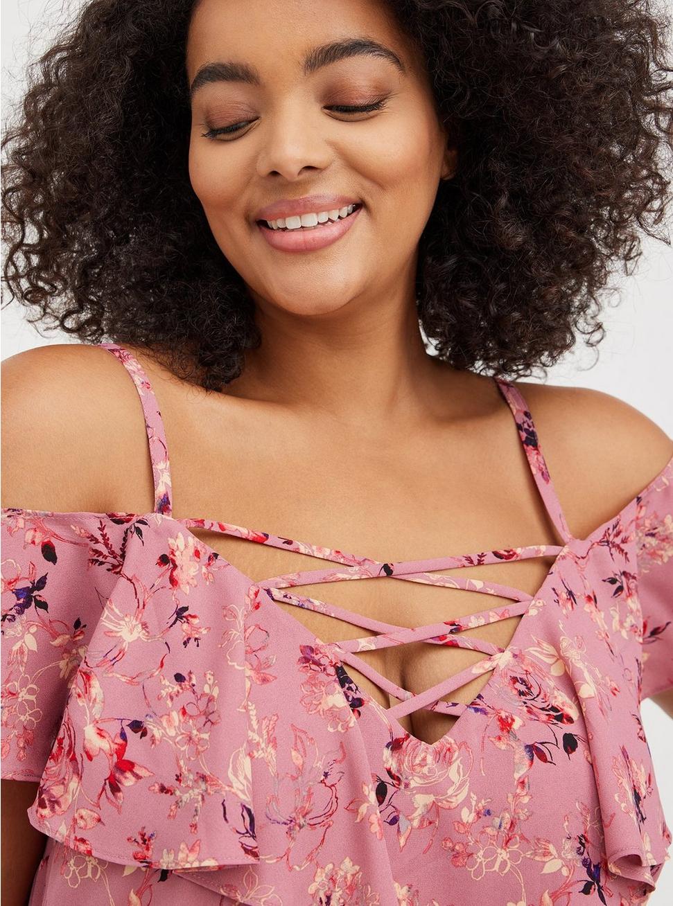 Plus Size - Georgette Lace-Up Cold Shoulder Blouse - Torrid Plus Size - Georgette Lace-Up Cold Shoulder Blouse - Torrid