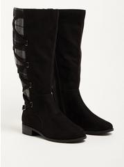 Corset Knee Boot - Faux Suede Plaid Black (WW), BLACK, hi-res