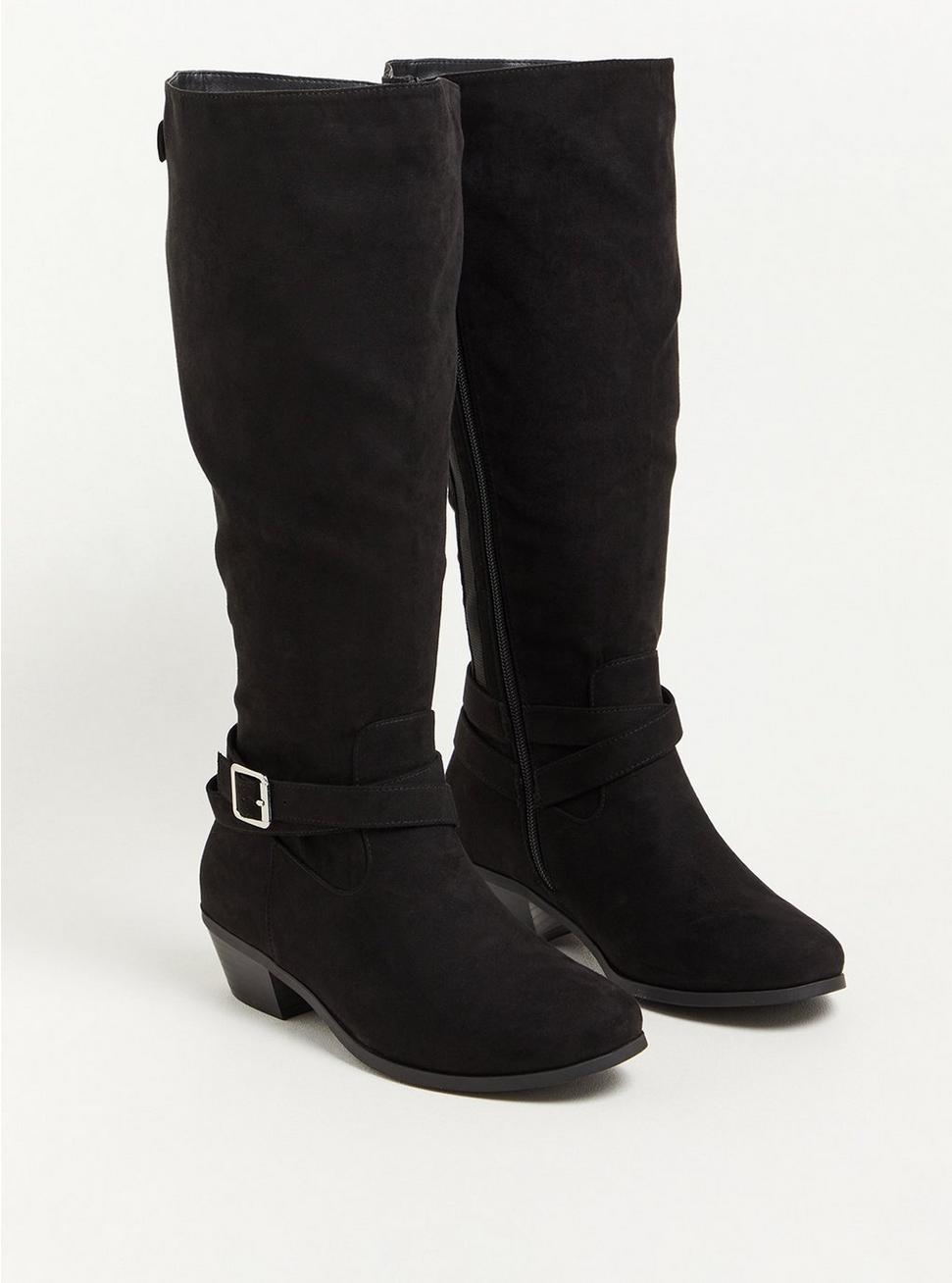 Buckle Detail Knee Boot - Faux Suede Black (WW), BLACK, hi-res