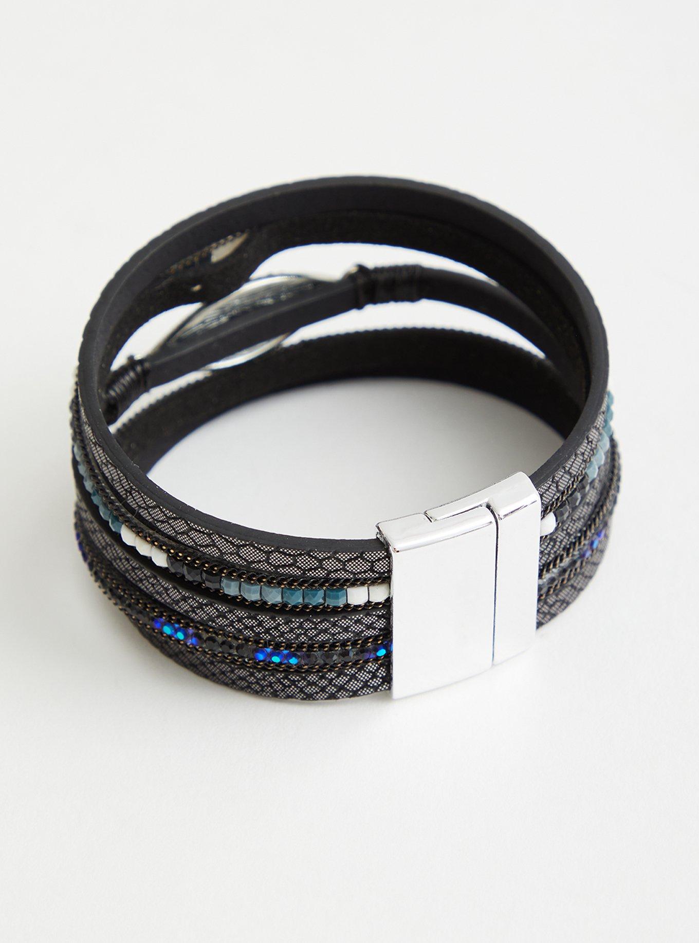 Plus Size Black & Turquoise Evil Eye Magnetic Bracelet, BLACK, alternate