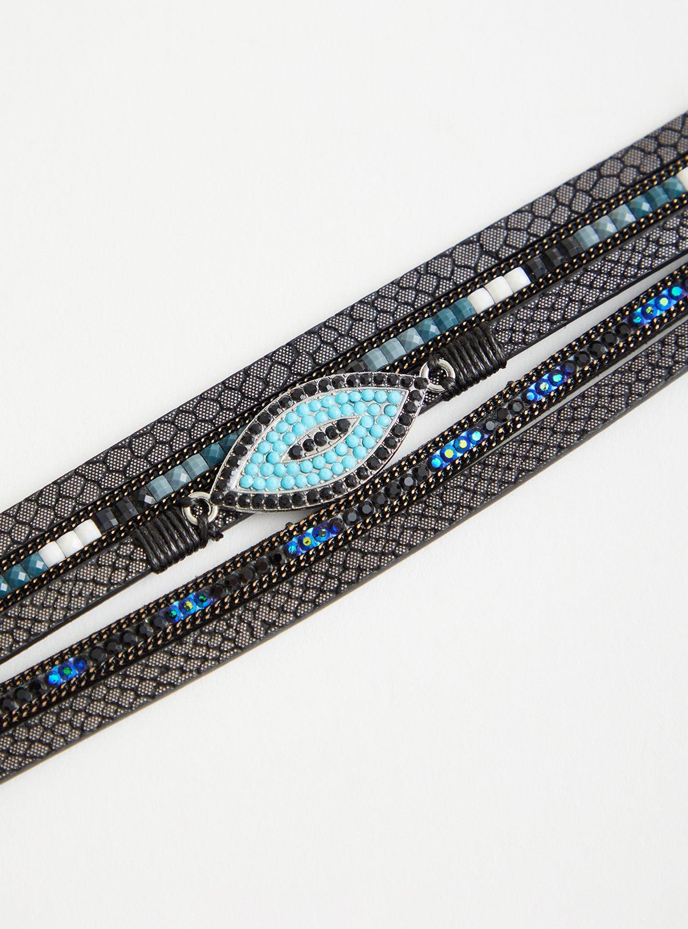 Plus Size Black & Turquoise Evil Eye Magnetic Bracelet, BLACK, alternate