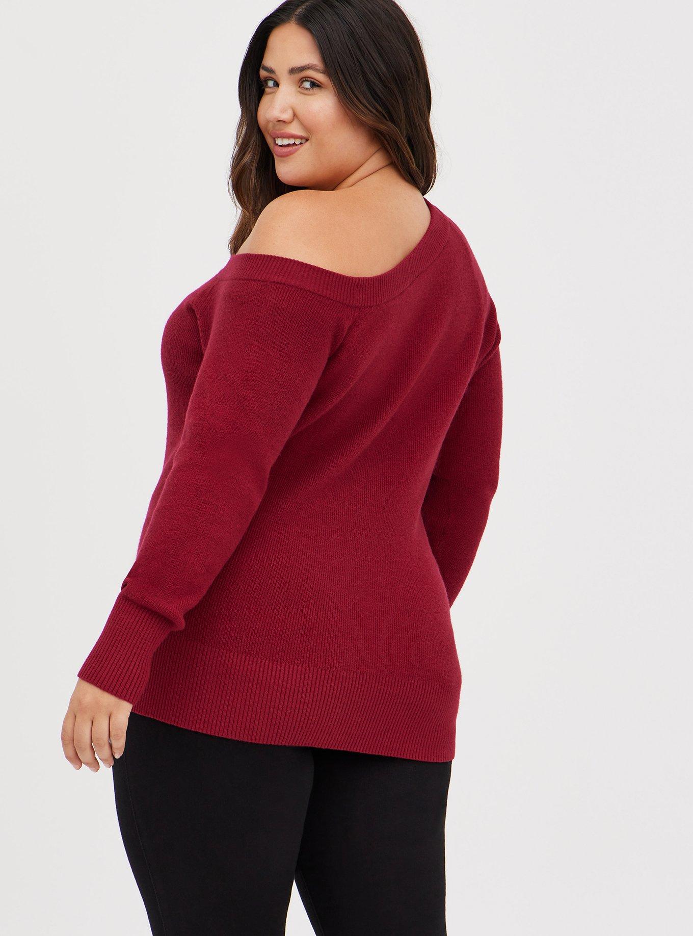 Pullover Off-Shoulder Sweater, RED, alternate