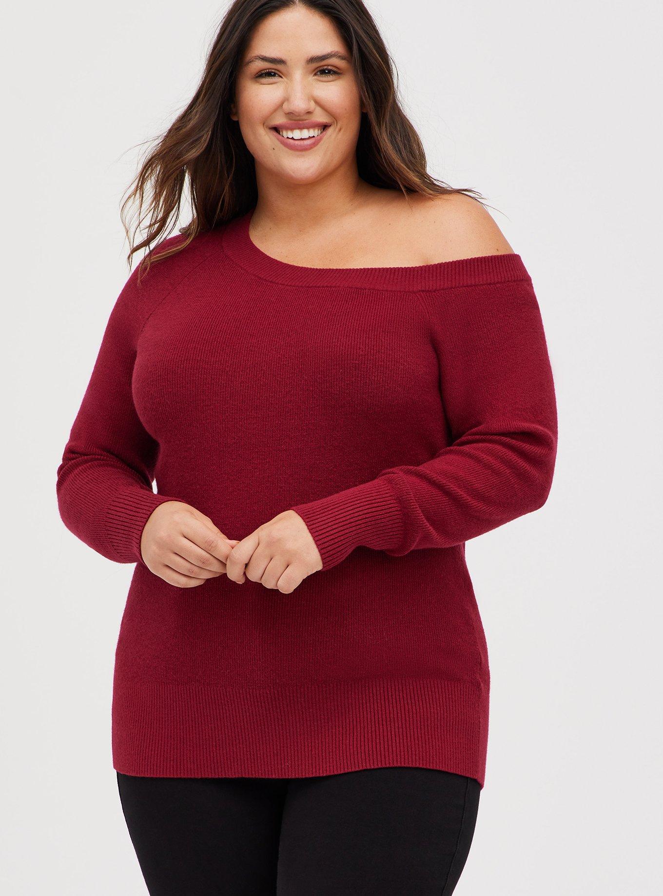 Pullover Off-Shoulder Sweater, RED, hi-res