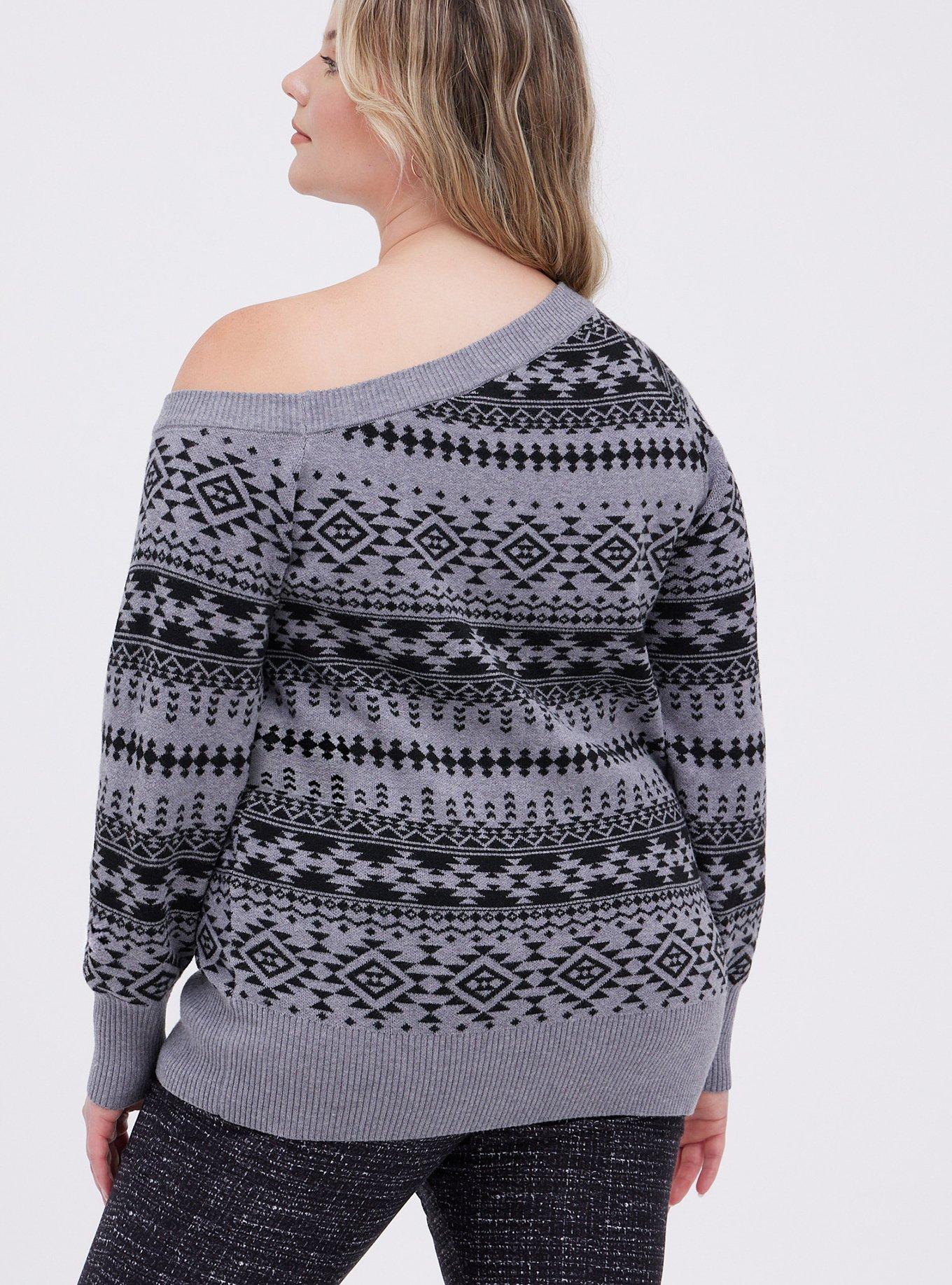 Pullover Off-Shoulder Sweater, GREY PRINT, alternate