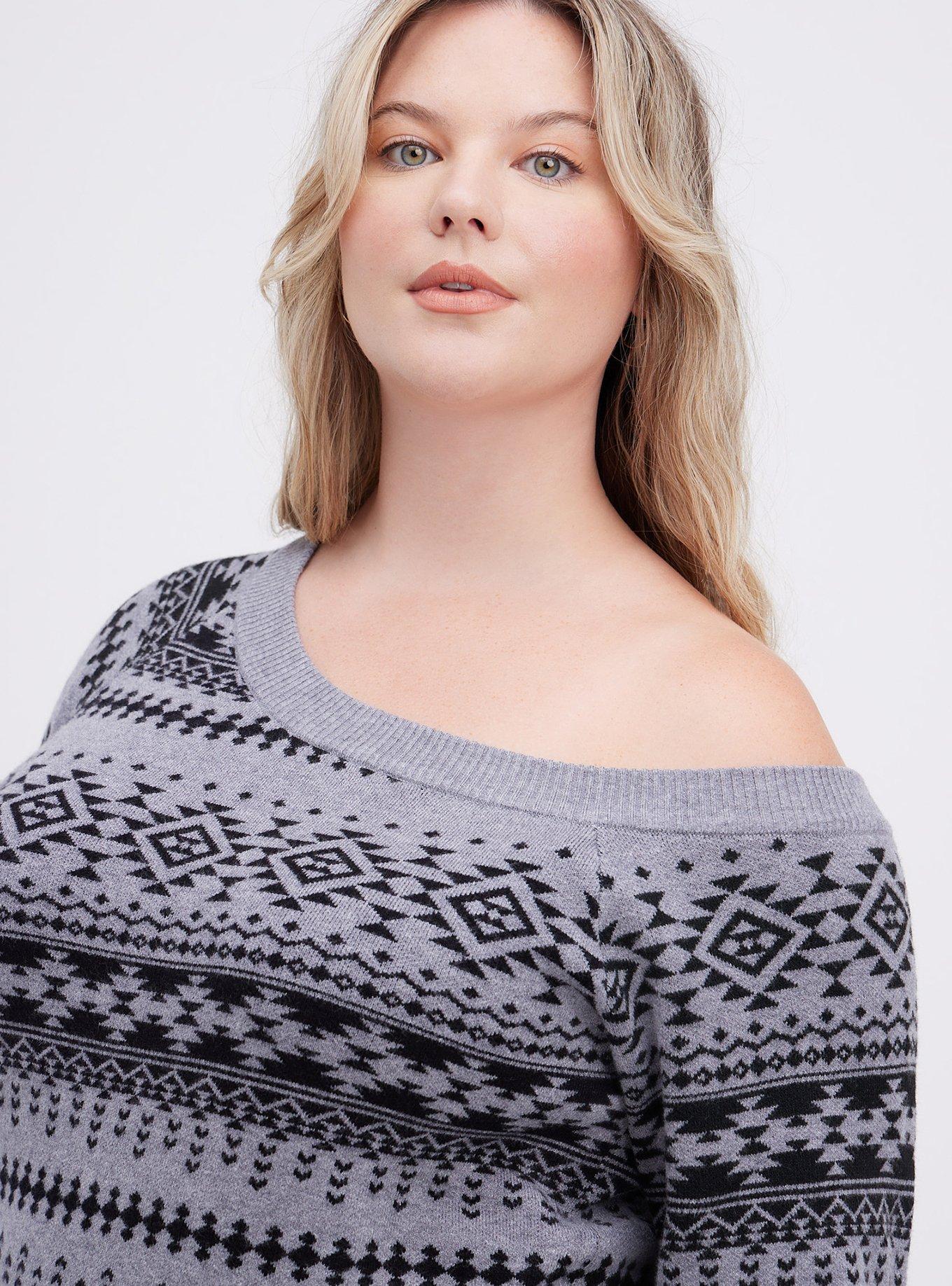 Pullover Off-Shoulder Sweater, GREY PRINT, alternate