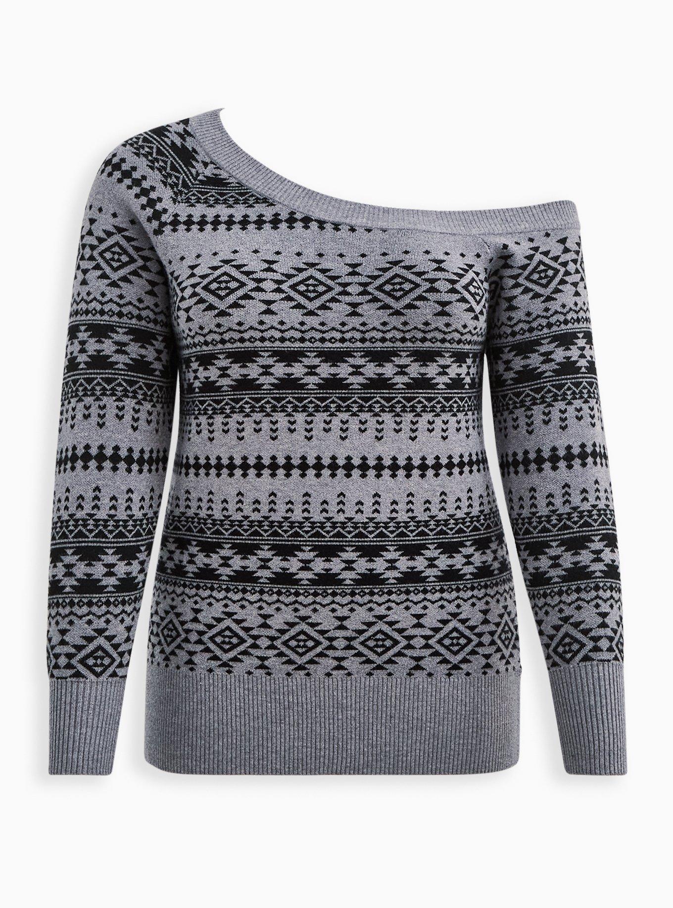 Pullover Off-Shoulder Sweater, GREY PRINT, hi-res