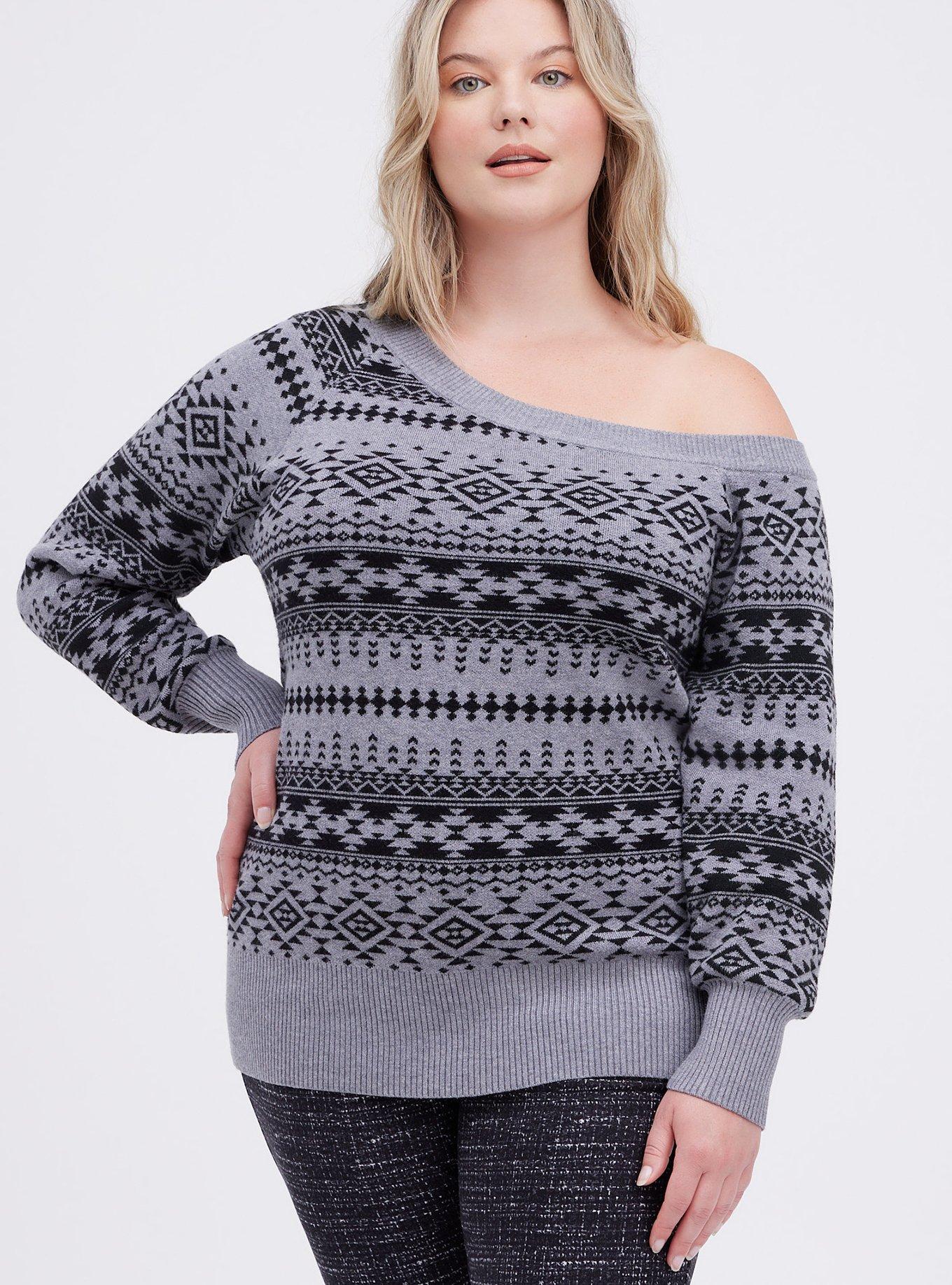 Pullover Off-Shoulder Sweater, GREY PRINT, hi-res