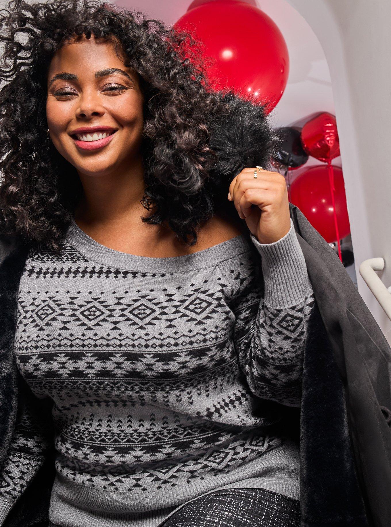 Pullover Off-Shoulder Sweater, GREY PRINT, hi-res