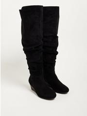 Plus Size Ruched Wedge Over The Knee Boot - Faux Suede Black (WW), BLACK, alternate