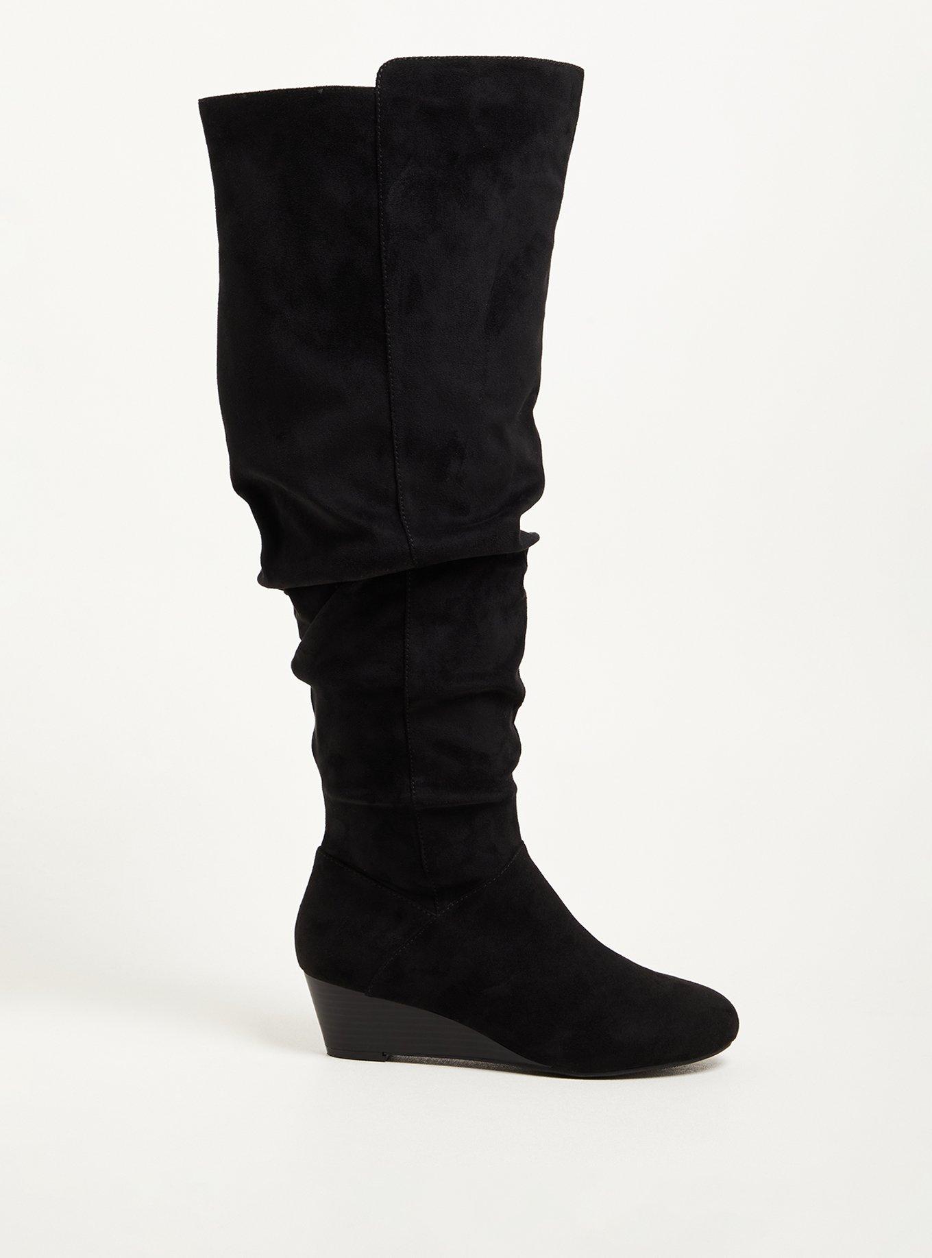 Plus Size - Ruched Wedge Over The Knee Boot - Faux Suede Black (WW ...