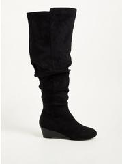 Plus Size Ruched Wedge Over The Knee Boot - Faux Suede Black (WW), BLACK, hi-res
