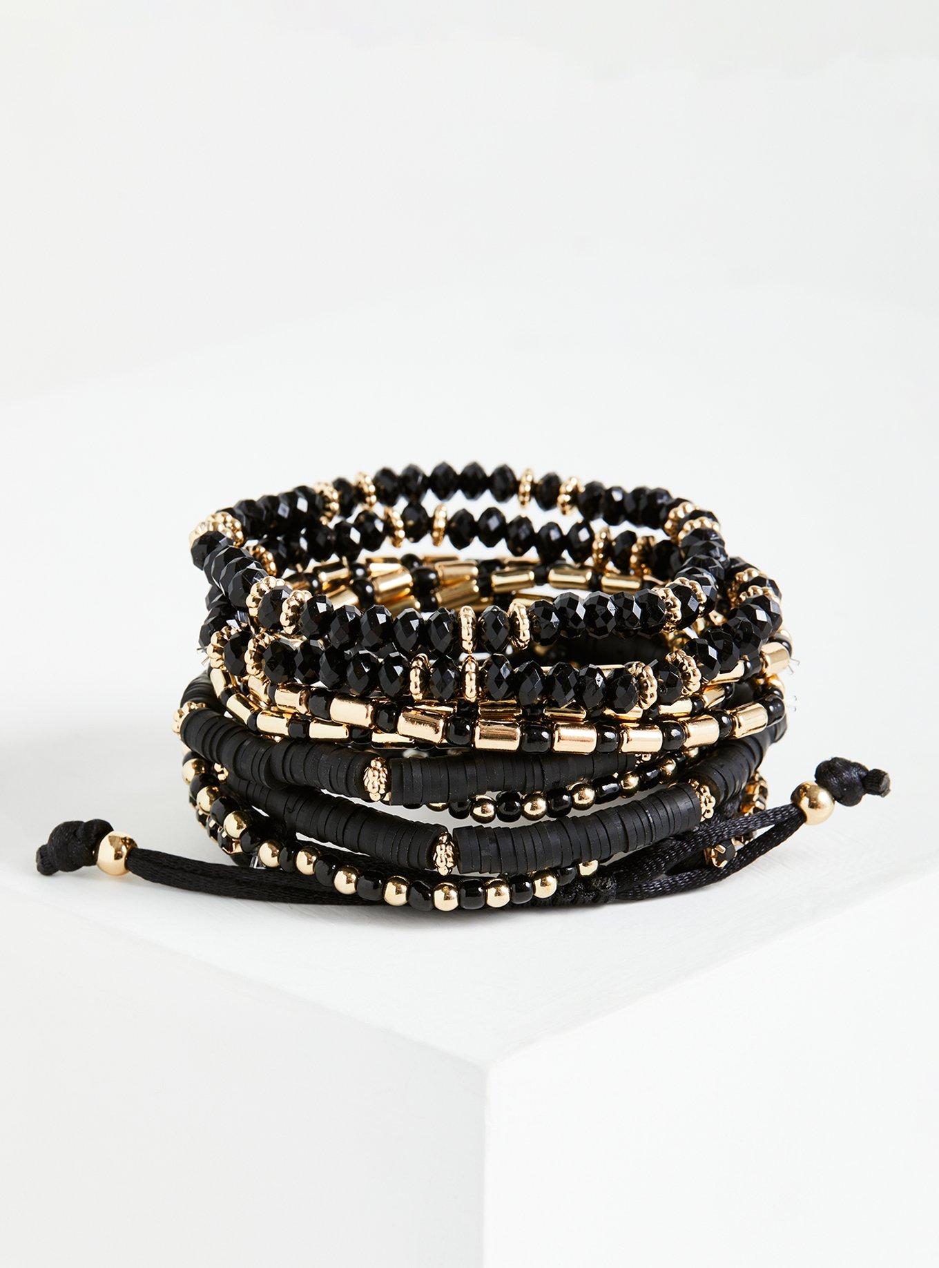 Plus Size Beaded Multi Row Pull Clasp Bracelet - Black, GOLD, alternate