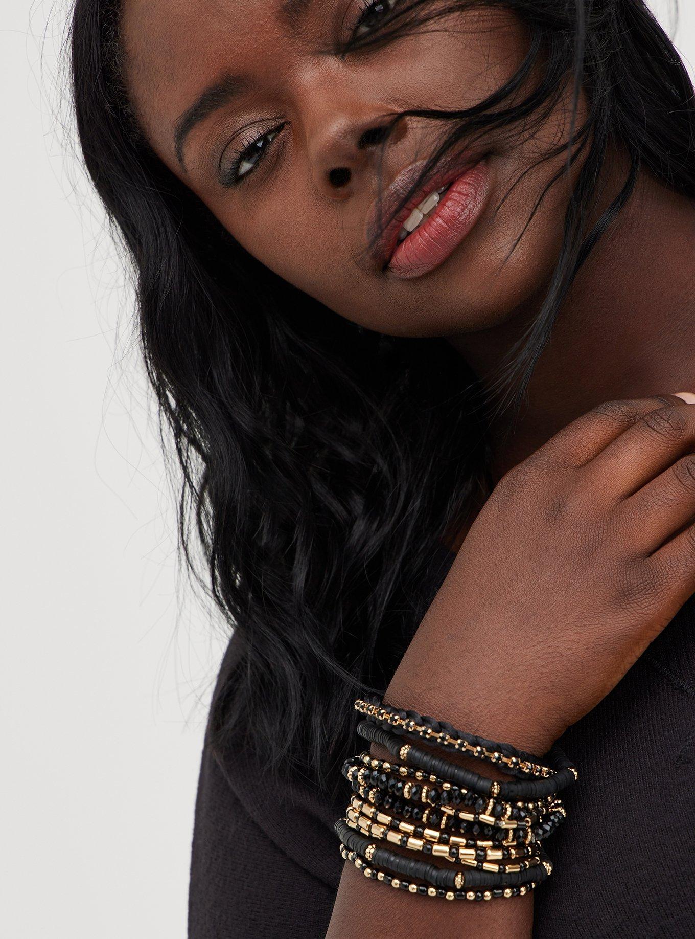 Plus Size Beaded Multi Row Pull Clasp Bracelet - Black, GOLD, alternate