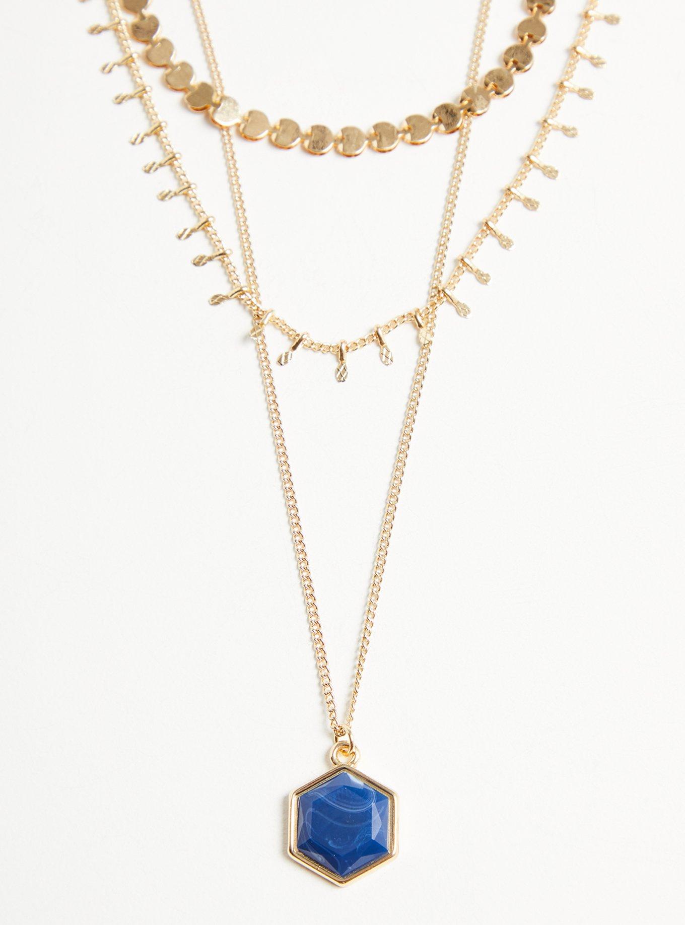 Disk Layered Necklace - Gold Tone & Navy Blue , , alternate