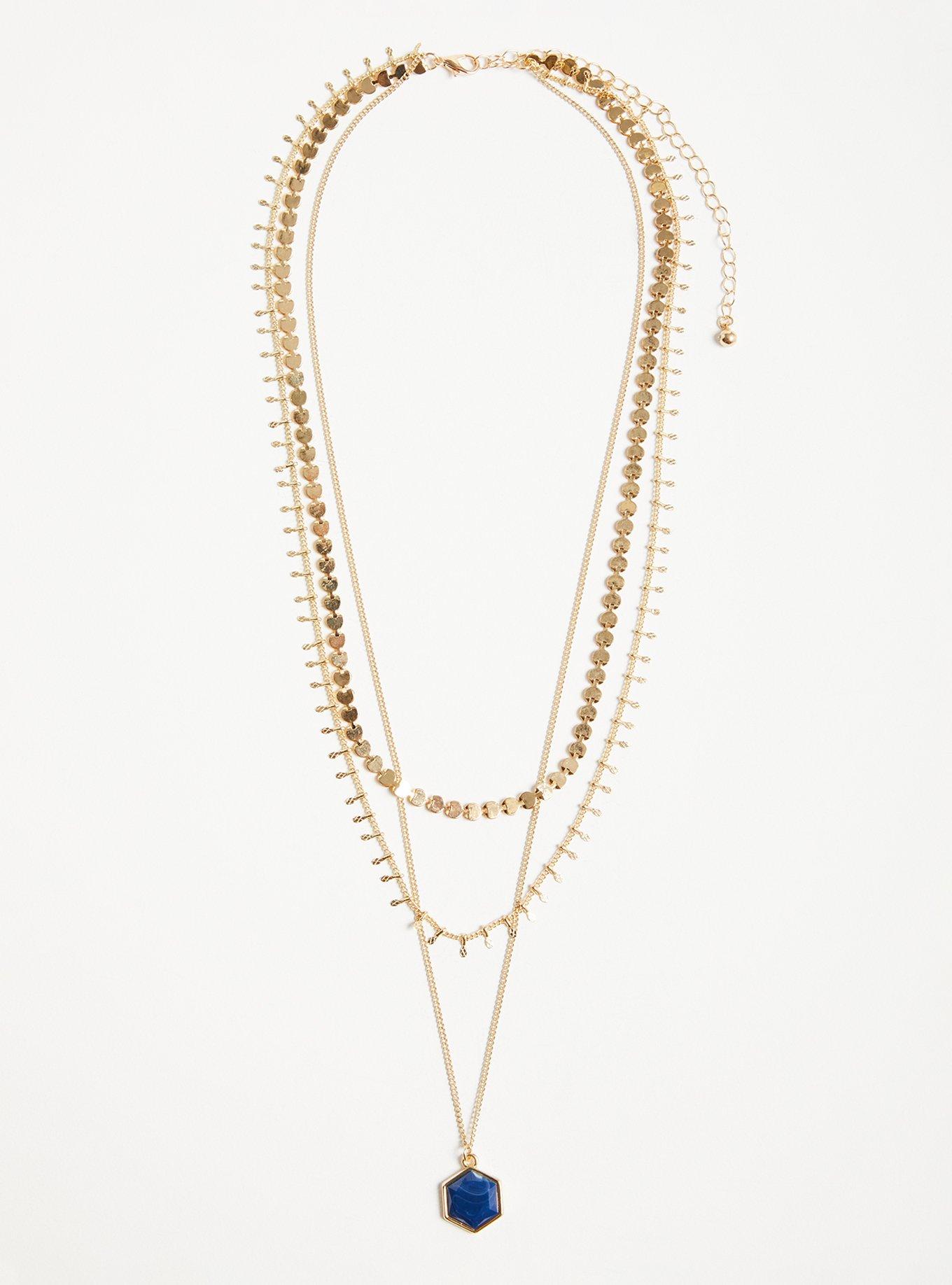 Disk Layered Necklace - Gold Tone & Navy Blue , , hi-res