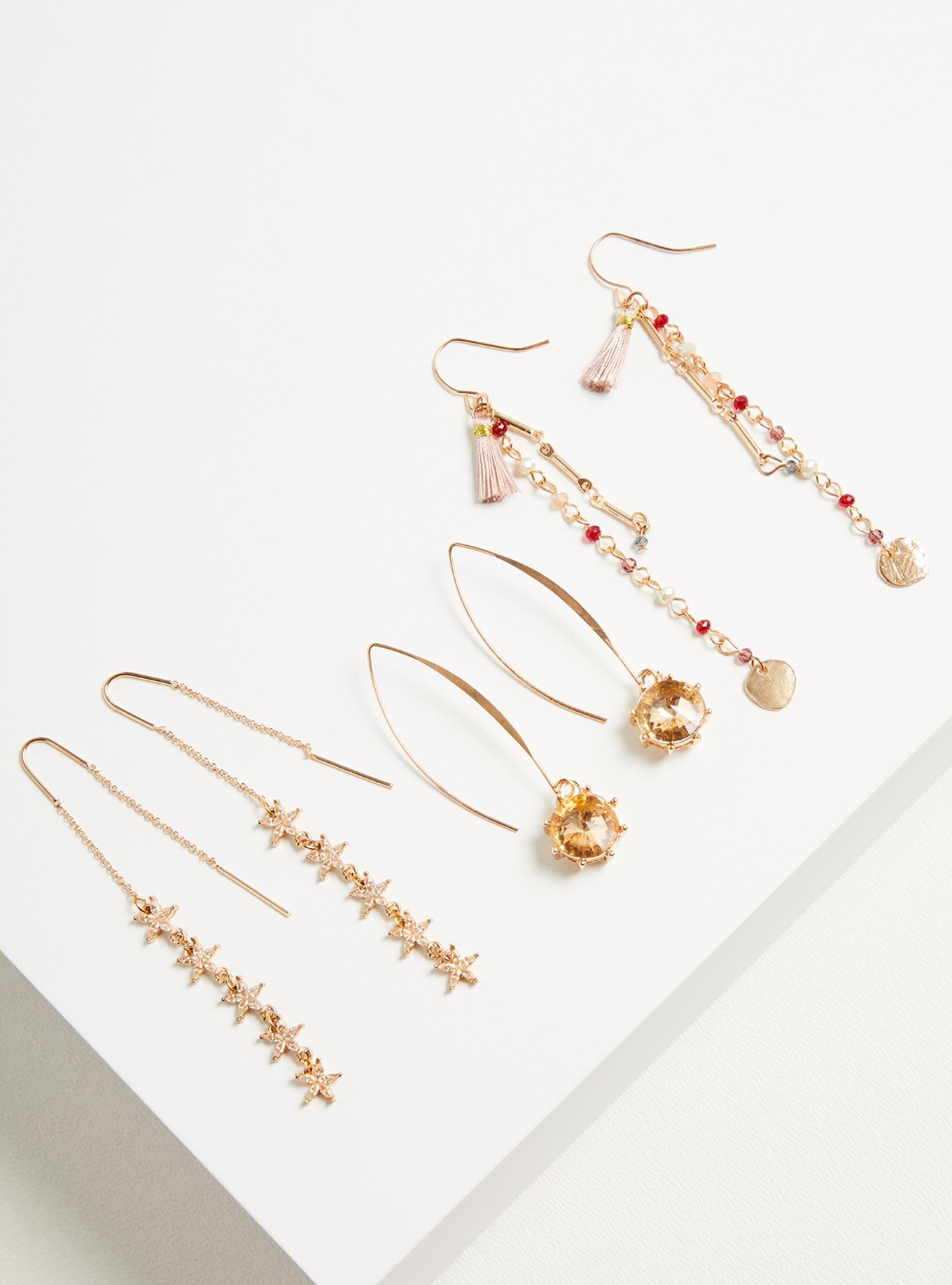 Plus Size - Linear Threader Earring Set of 3 - Gold Tone, Blush & Wine ...