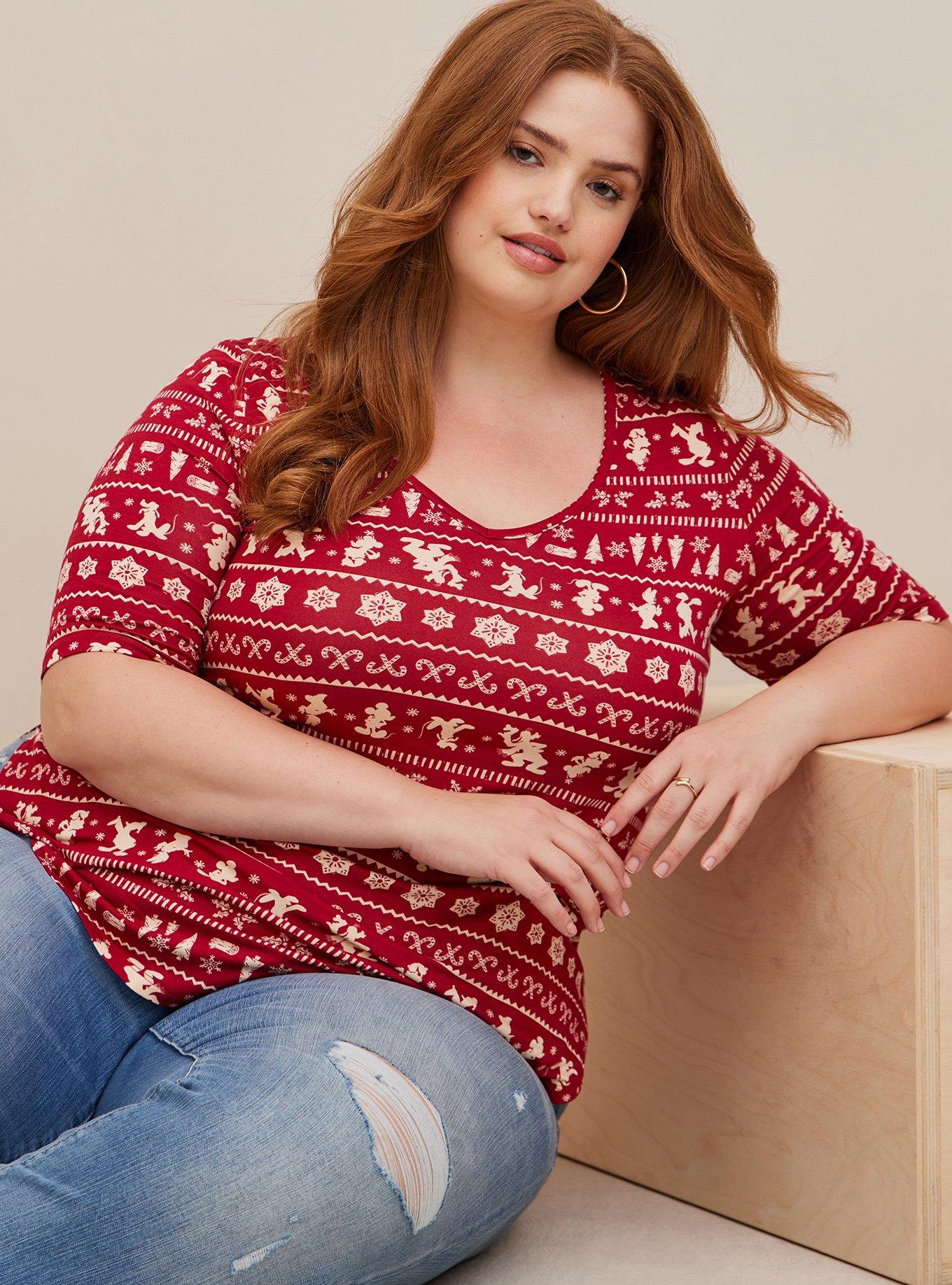 Plus Size Favorite Tunic - Super Soft Disney Mickey & Friends Holiday Fair Isle Red, MULTI, hi-res