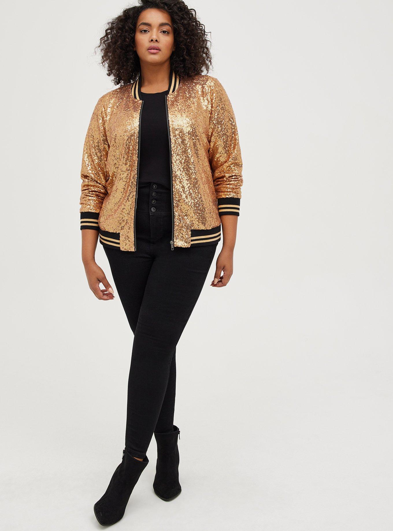 Plus Size Sequin Bomber Gold Torrid