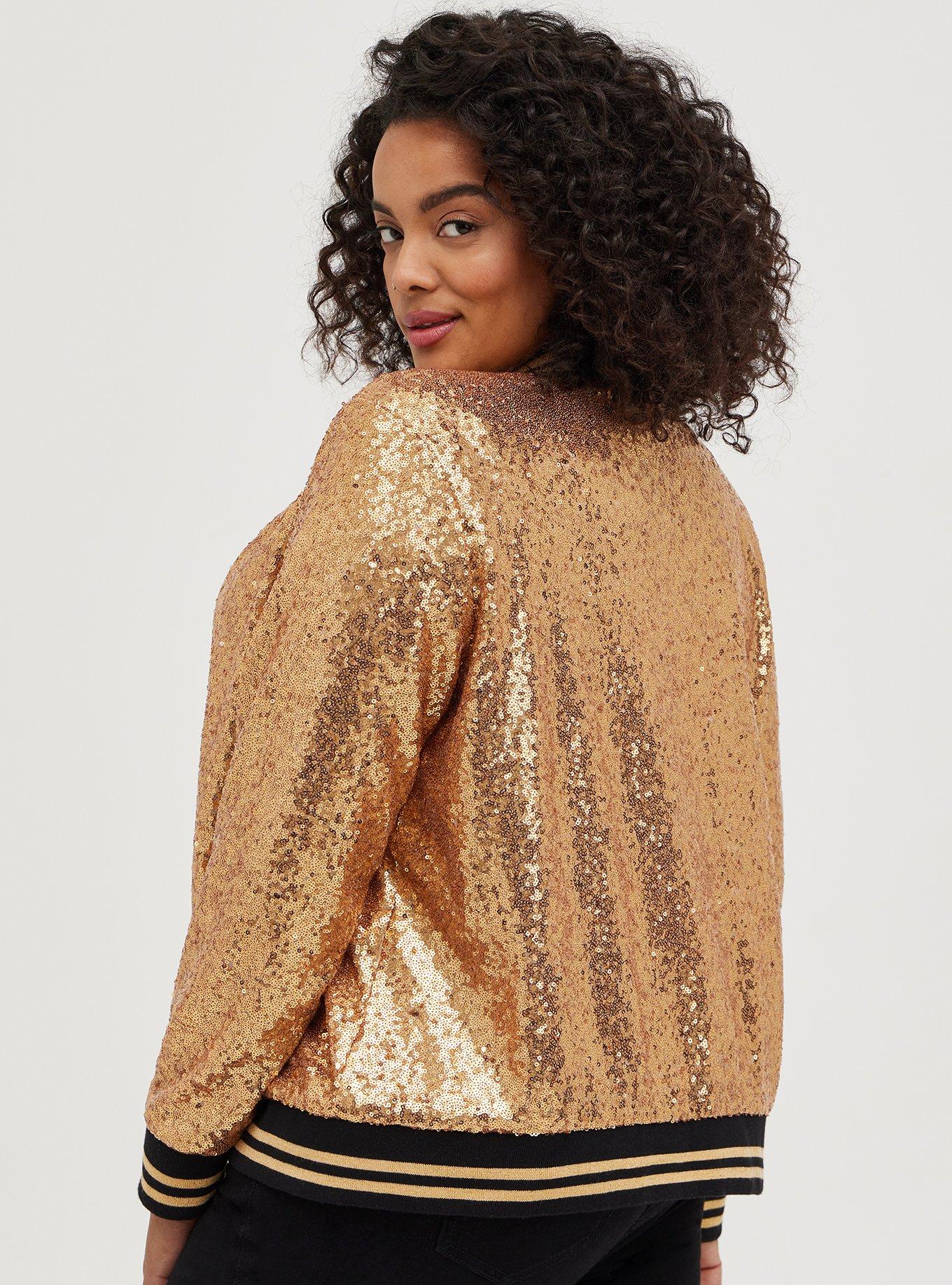  Zip Up Sequin Bomber Jacket (Color : Gold, Size