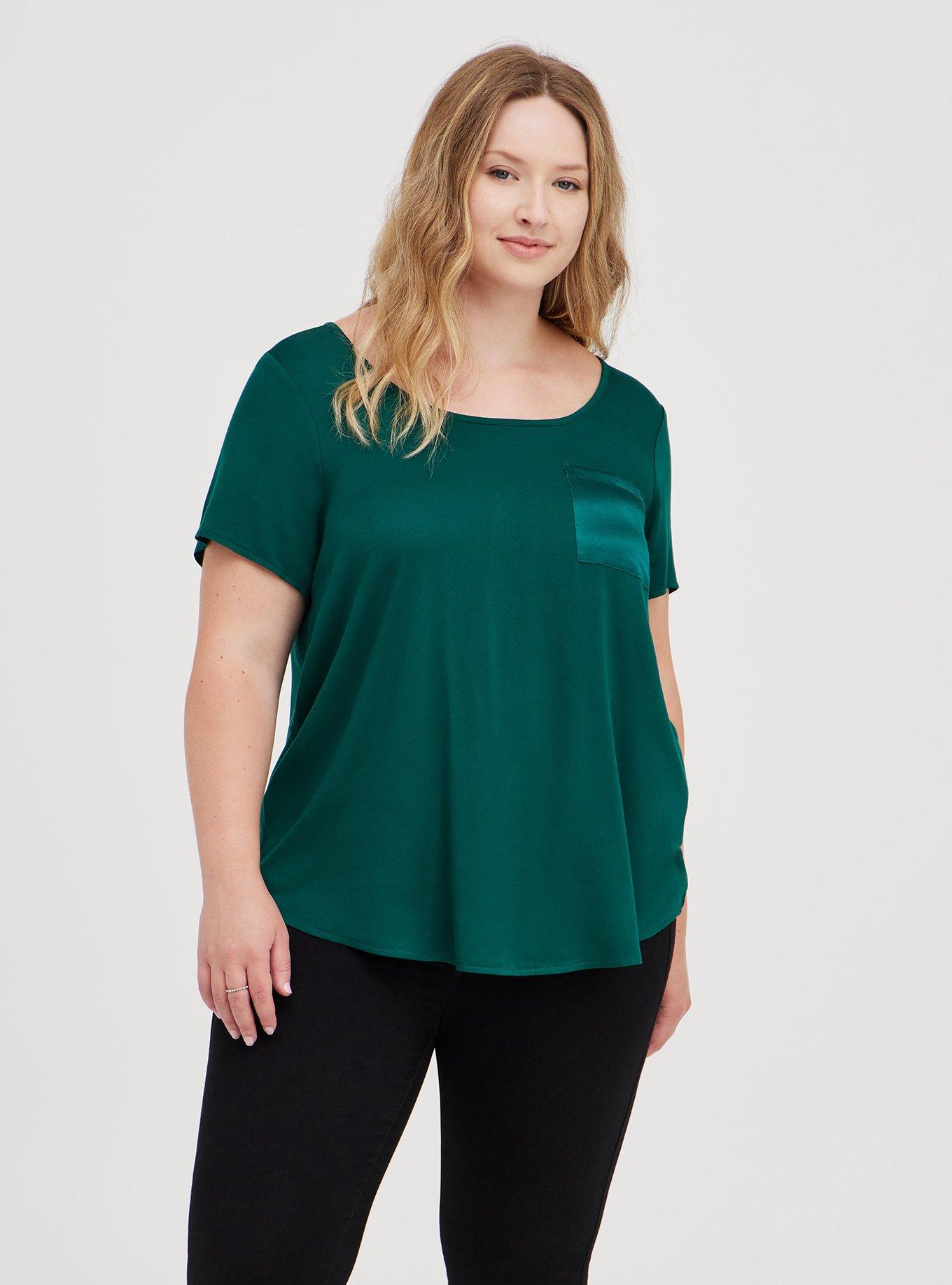 Plus Size Abbey Blouse - Stretch Challis Green, BOTANICAL GARDEN, hi-res
