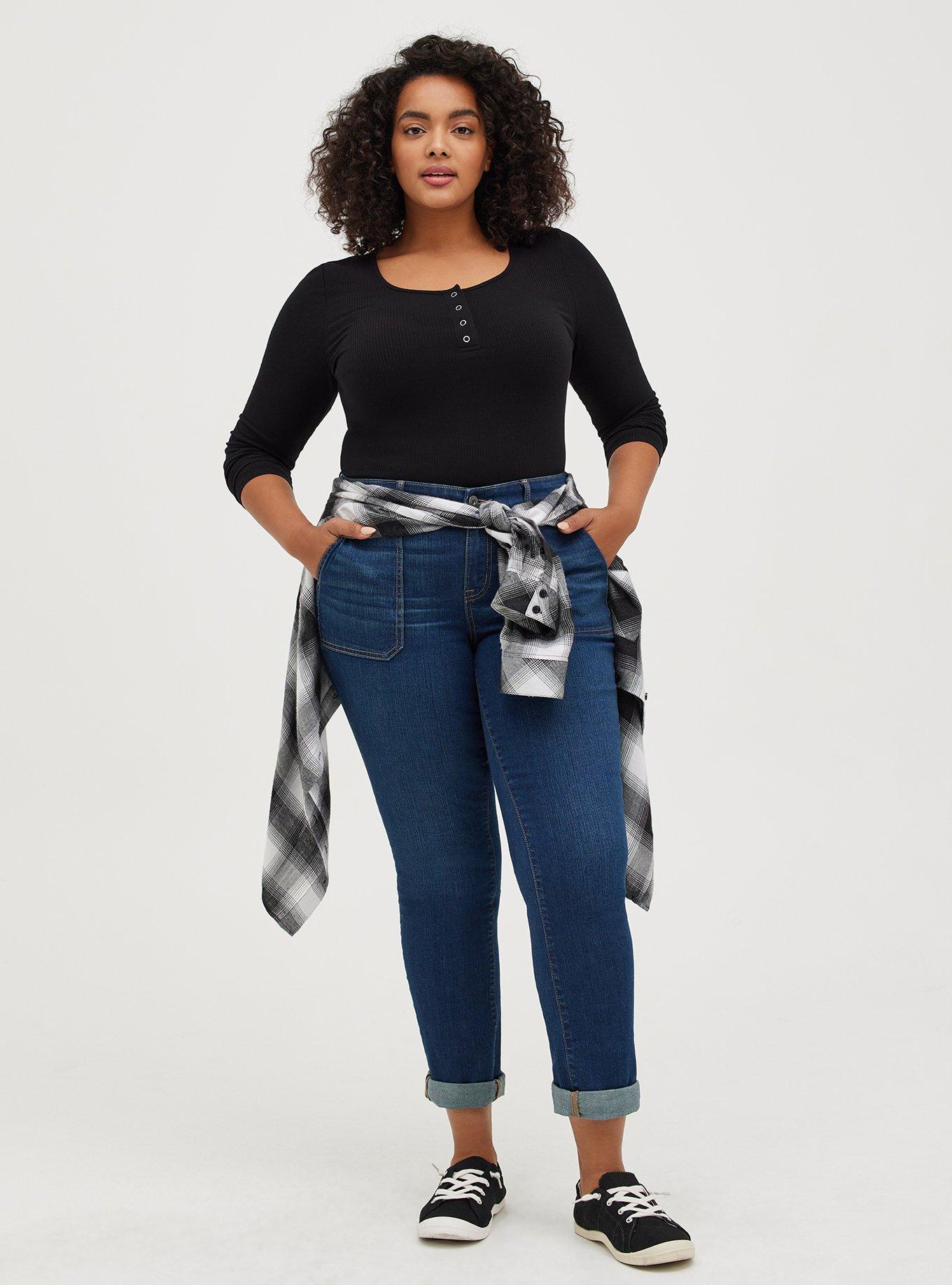 Plus Size Classic Fit Ribbed Henley Long Sleeve Tee, DEEP BLACK, alternate