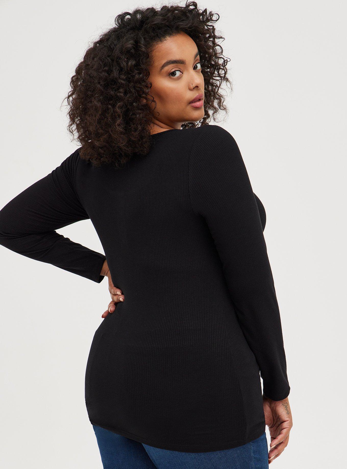 Plus Size Classic Fit Ribbed Henley Long Sleeve Tee, DEEP BLACK, alternate